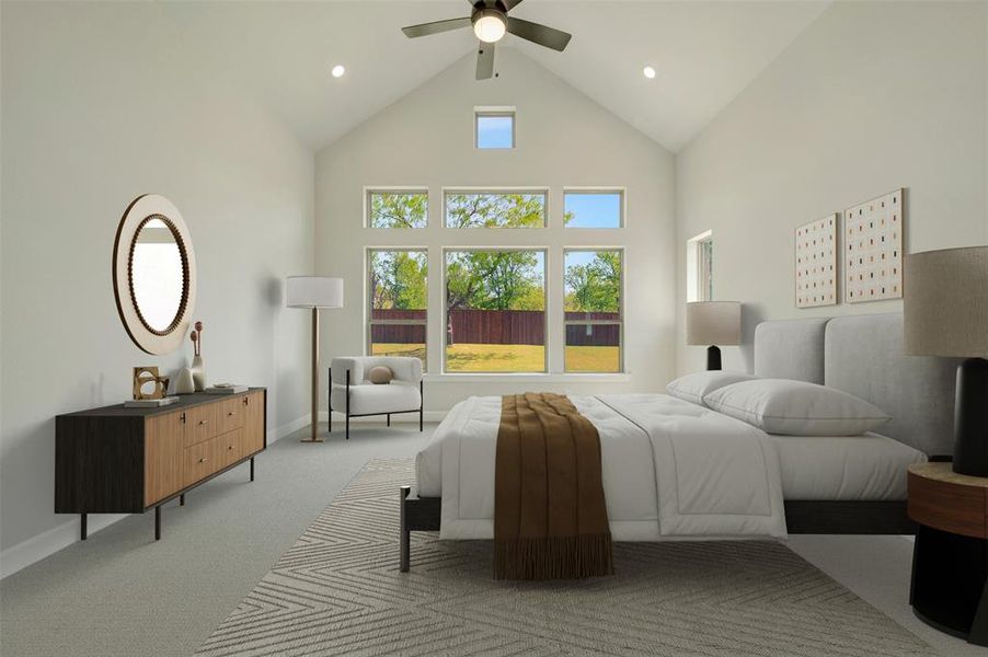 Bedroom with a high ceiling, carpet flooring, ceiling fan, and recessed lighting
