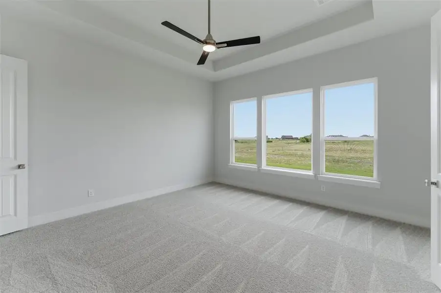 Bright interior space featuring a tray ceiling with a modern ceiling fan, three large windows, light gray carpet, and white trim