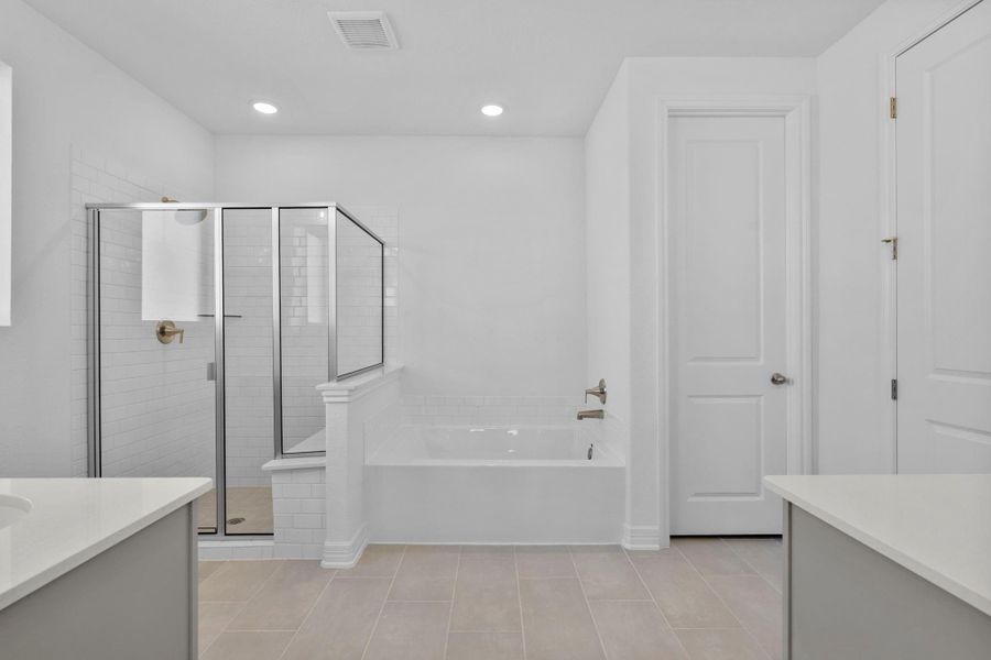 This additional view of your primary bathroom features tile flooring, fresh paint, walk-in shower, a separate garden tub, and a large walk-in closet.