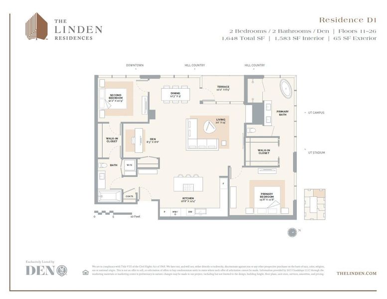 D1 Floor Plan featuring 2 bedrooms + DEN & 2 bathroom. The spacious layout includes an open living and dining area, complemented by a modern kitchen with high-end appliances and an island for additional seating. This unit offers breathtaking views of the Texas Hill Country and UT Tower. Residents will also enjoy access to a full level of elevated amenities.