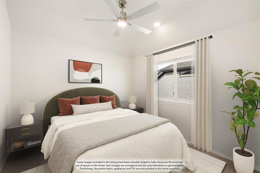 Bedroom with green upholstered headboard, ceiling fan, and large window with white curtains Bedroom with green upholstered headboard, ceiling fan, and large window with white curtains