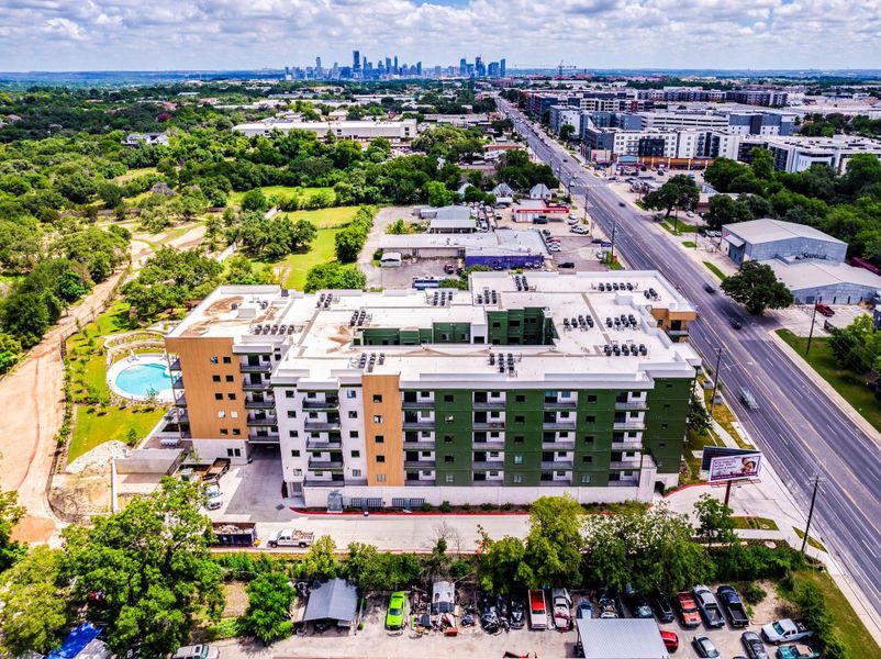 Aerial view of the building and Austin skyline Aerial view of the building and Austin skyline