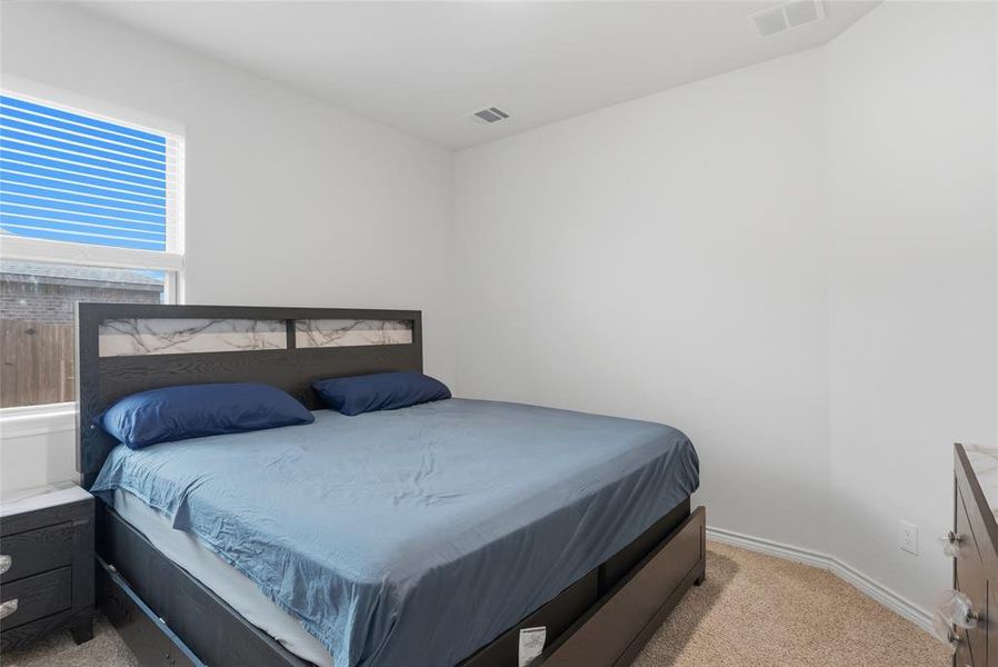 Bright bedroom featuring neutral wall tones, a large window with blinds, and soft carpet flooring