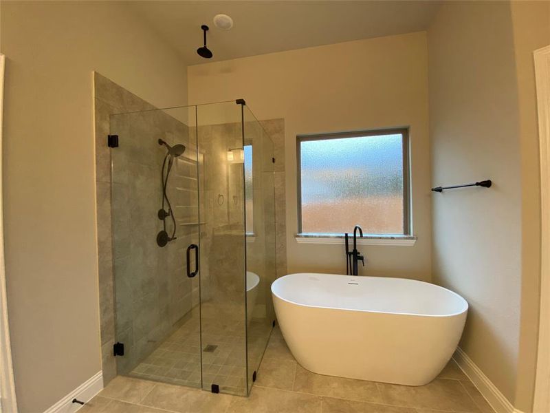 Walk-in shower has dropped tile pan, frameless glass, rain head, and second showerhead with diverter. Freestanding tub has elegant clean lines.