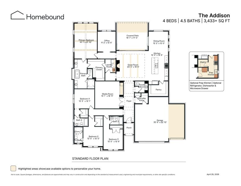 2D floor plan layout for the The Addison by Homebound in Park Place, Prosper, TX (Image 3).