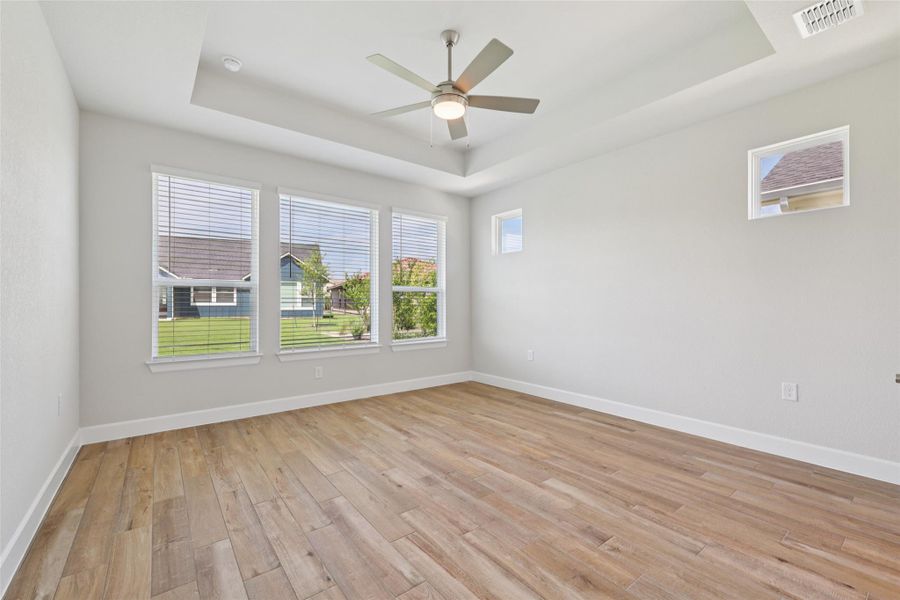 Spare room featuring a tray ceiling, light wood-type flooring, and a ceiling fan