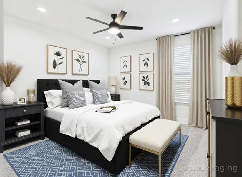 Bedroom featuring a ceiling fan, light colored carpet, and recessed lighting Bedroom featuring a ceiling fan, light colored carpet, and recessed lighting