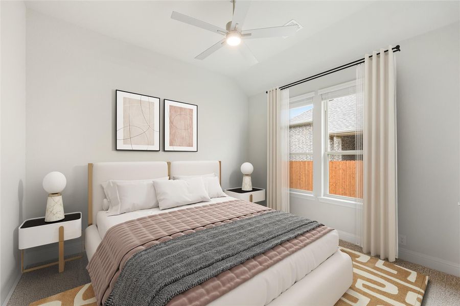 Bedroom with upholstered bed, ceiling fan, two nightstands, and large window with sheer curtains