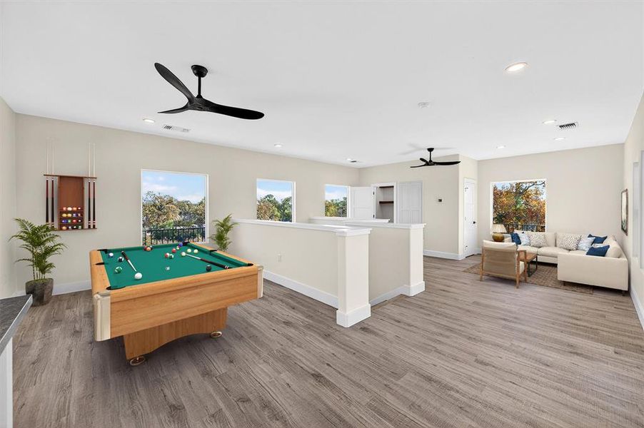 Rec room with pool table, healthy amount of natural light, light wood-style floors, and recessed lighting