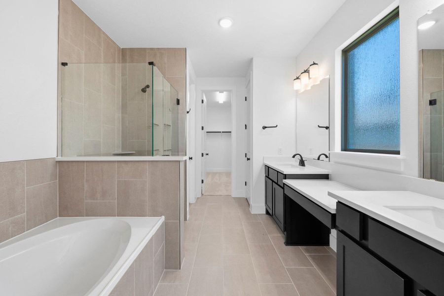 Primary Bath retreat with dual vanities, garden tub & walk-in shower Primary Bath retreat with dual vanities, garden tub & walk-in shower