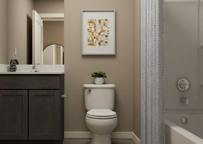 Rendering of a bathroom with a
  single-sink vanity next to a toilet and a bathtub.