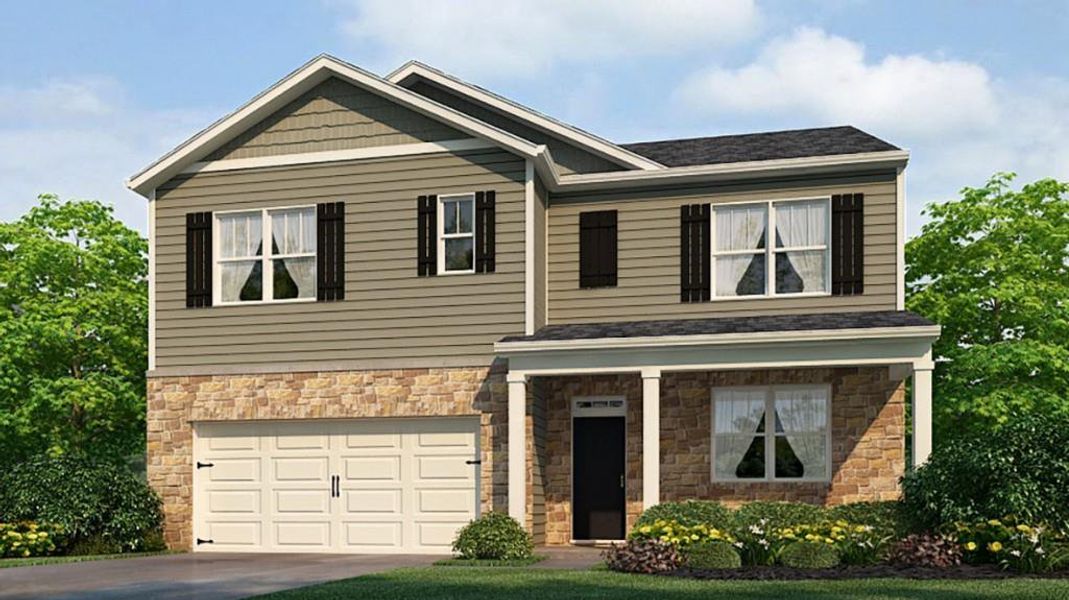 Front exterior of a new home in Fairhaven, Lithia Springs, GA, highlighting curb appeal (Image 1).