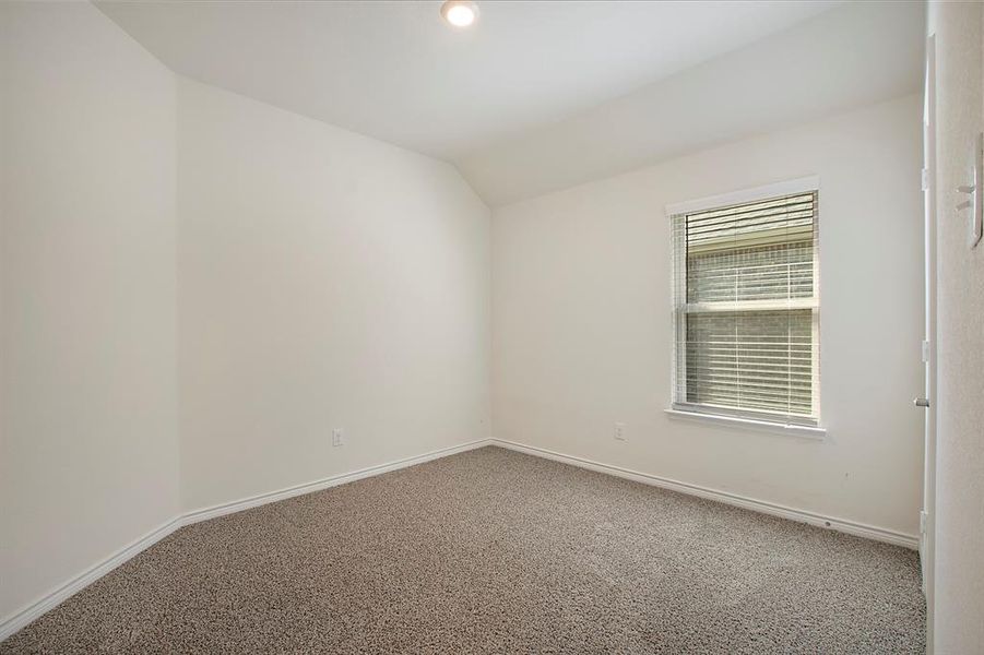 Empty room featuring lofted ceiling and carpet flooring