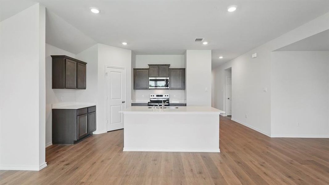 Contemporary kitchen featuring a central island, dark wood-finish cabinetry, stainless steel appliances, recessed lighting, and wood-finish flooring