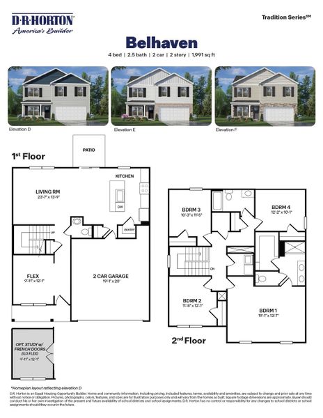 2D floor plan layout for the BELHAVEN by D.R. Horton in Cross Creek, Spring Lake, NC (Image 3).