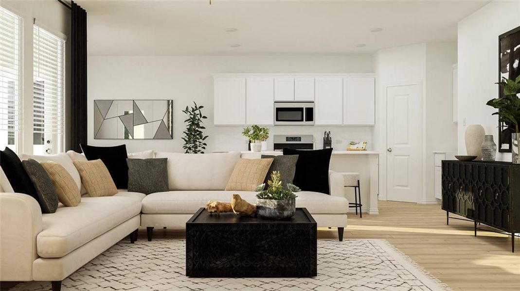 Living room with light wood-type flooring