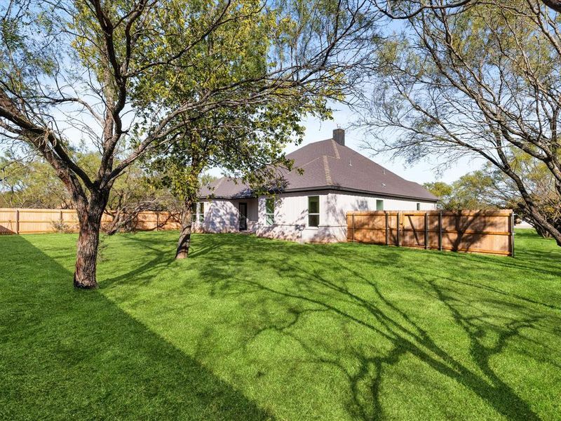 Rear view of house with a fenced backyard and a chimney