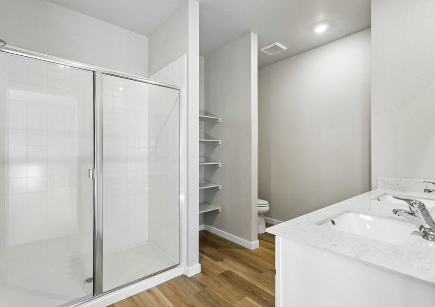 The master bathroom has a large vanity and step in shower.