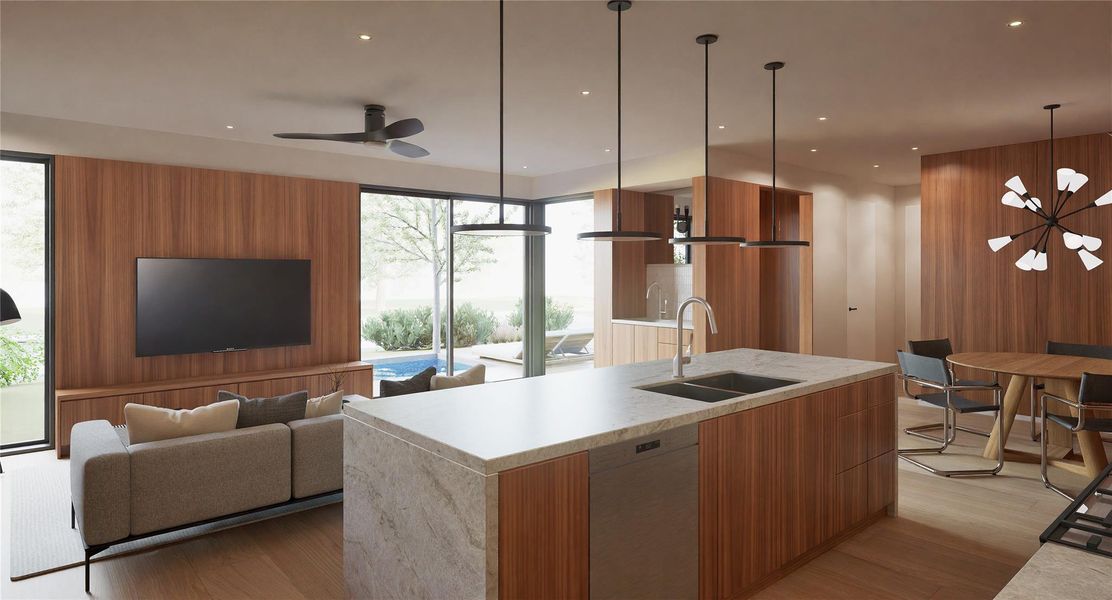 Kitchen with wood walls, modern cabinets, open floor plan, brown cabinetry, and a ceiling fan Kitchen with wood walls, modern cabinets, open floor plan, brown cabinetry, and a ceiling fan