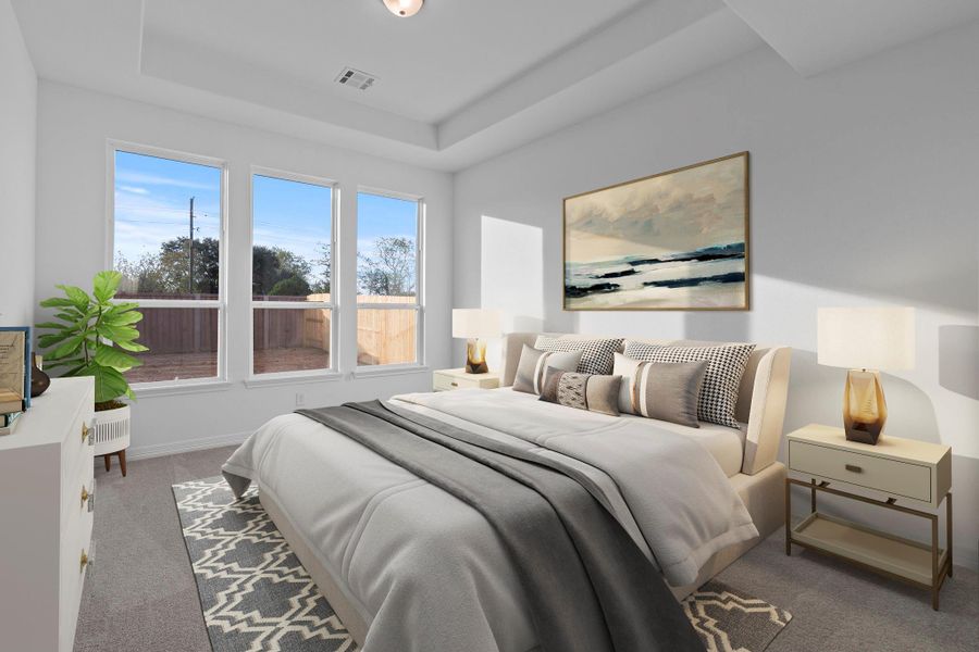 The primary bedroom is generously sized, creating a tranquil and spacious retreat that offers ample room for relaxation. Featuring plush carpet, high ceilings, fresh paint, and large windows that lets in natural lighting throughout the day. The primary bedroom is generously sized, creating a tranquil and spacious retreat that offers ample room for relaxation. Featuring plush carpet, high ceilings, fresh paint, and large windows that lets in natural lighting throughout the day.