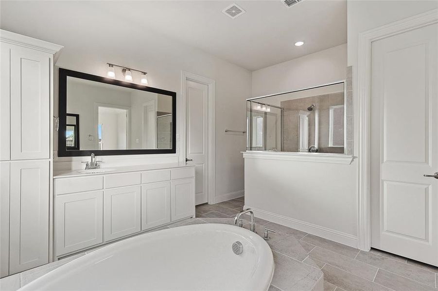 Bathroom with plus walk in shower and vanity