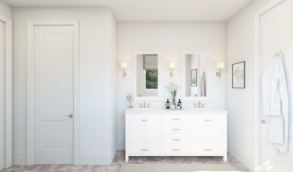 Primary bath with dual sinks and brushed nickel fixtures throughout