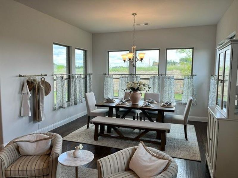 Dining room with dark wood-style flooring, a chandelier, and plenty of natural light Dining room with dark wood-style flooring, a chandelier, and plenty of natural light