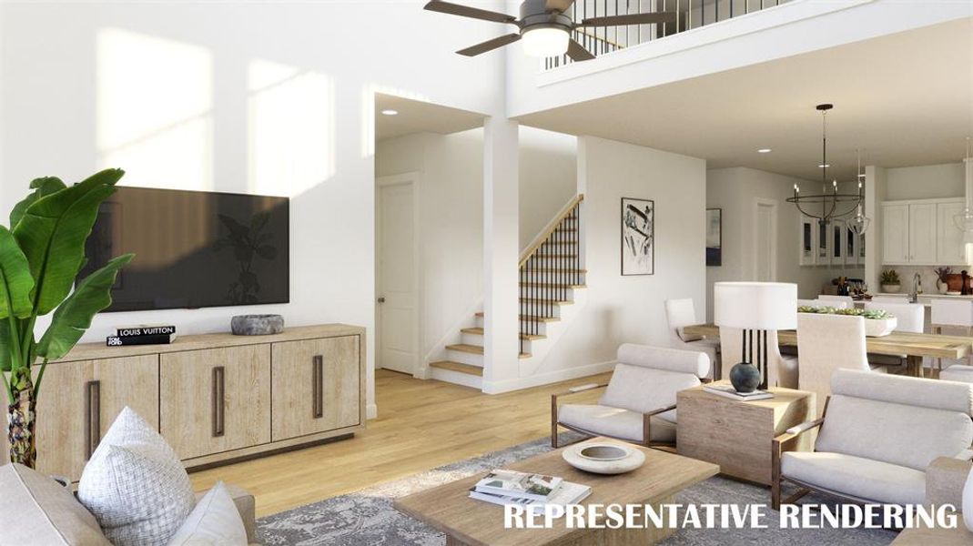 With the main floor family room open to the upstairs game room, you can enjoy entertaining on multiple levels! VIRTUALLY STAGED RENDERING With the main floor family room open to the upstairs game room, you can enjoy entertaining on multiple levels! VIRTUALLY STAGED RENDERING
