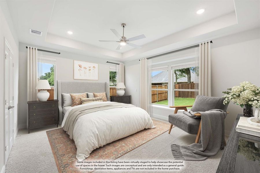 Bedroom with tray ceiling, ceiling fan, carpet flooring, and multiple windows with backyard views Bedroom with tray ceiling, ceiling fan, carpet flooring, and multiple windows with backyard views