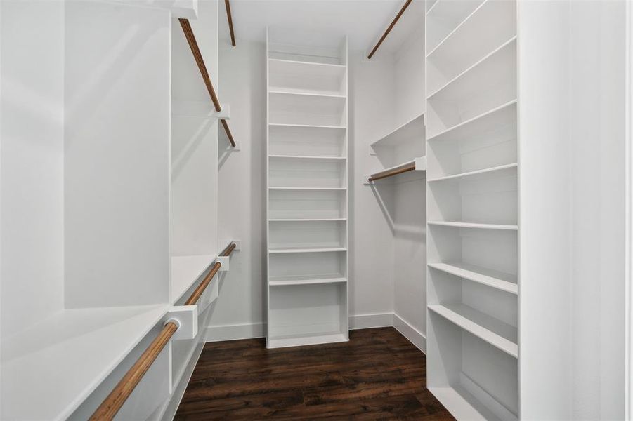 Spacious closet featuring dark hardwood / wood-style floors