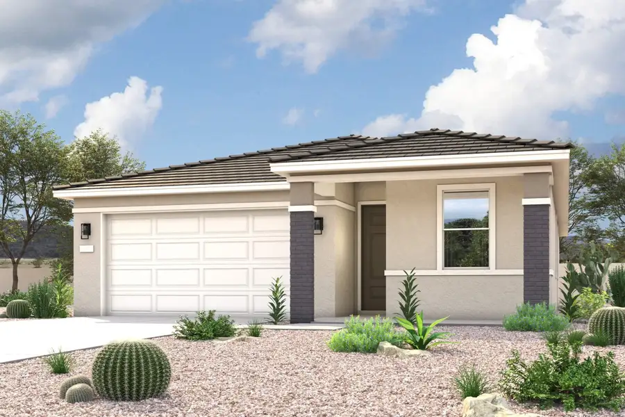 A house with a garage and bushes. A house with a garage and bushes.