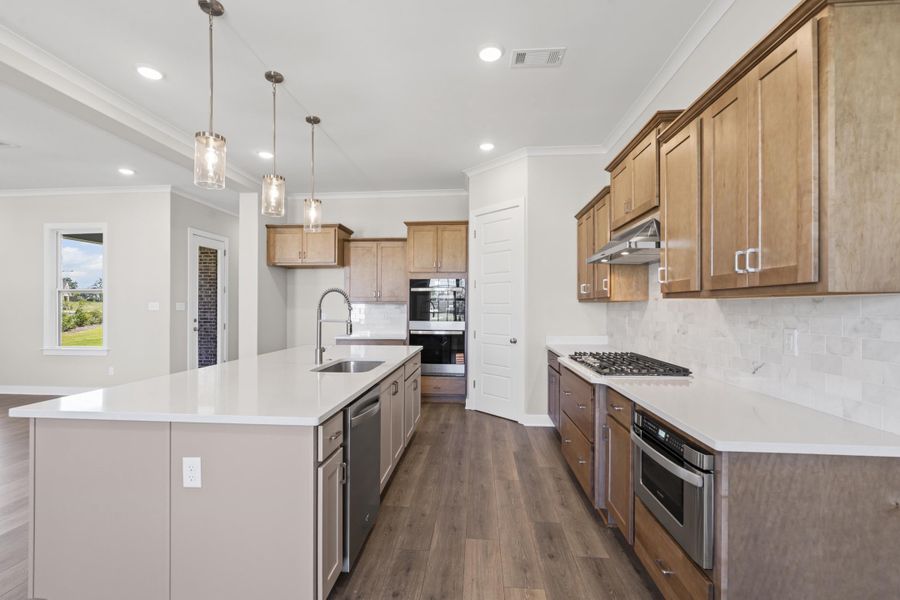 Kitchen featuring decorative backsplash, decorative light fixtures, Revwood-style floors, a center island with sink, and stainless steel appliances