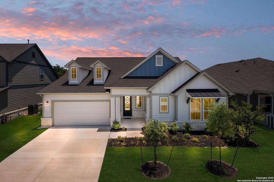 Front exterior of a new home in The Crossvine, Schertz, TX, highlighting curb appeal (Image 23).