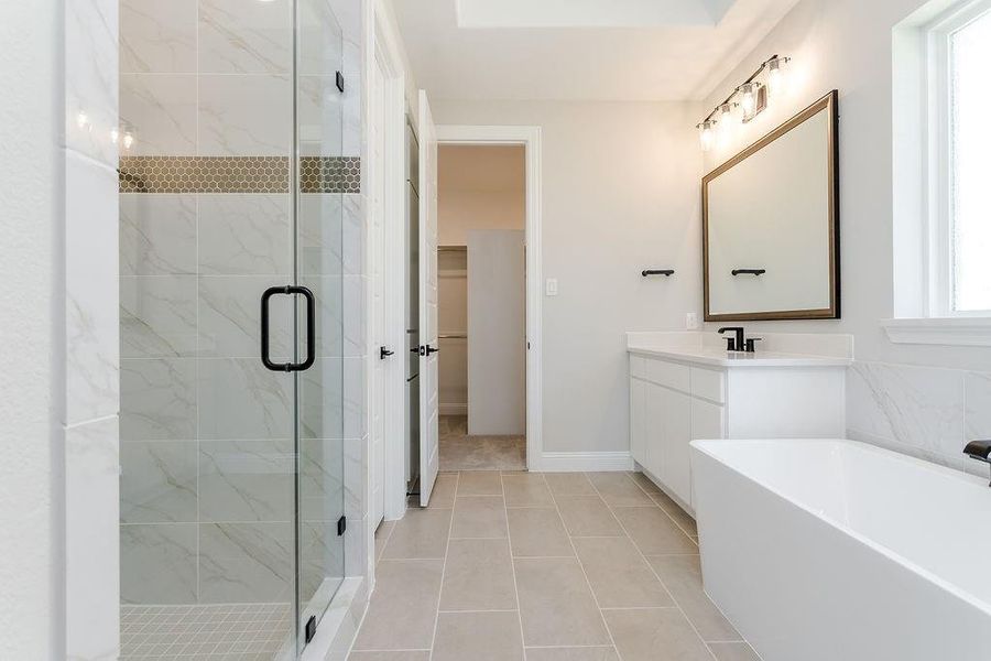 Bathroom with plenty of natural light, vanity, tile patterned flooring, and separate shower and tub