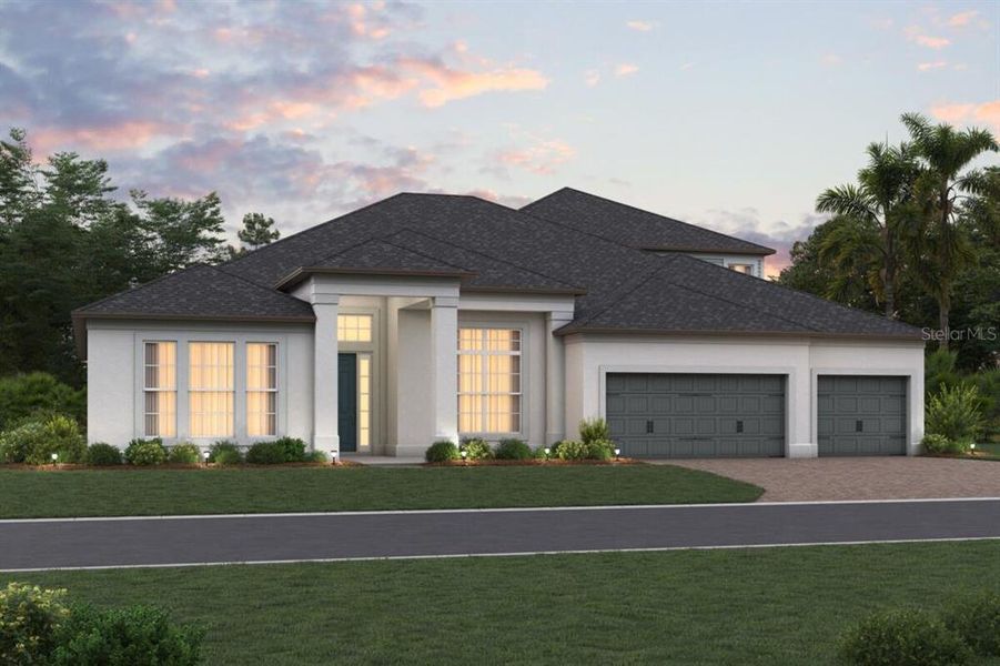Front exterior of a new home in Solace at Corner Lake, Orlando, FL, highlighting curb appeal (Image 1). Front exterior of a new home in Solace at Corner Lake, Orlando, FL, highlighting curb appeal (Image 1).
