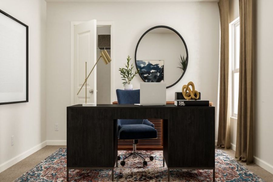 A desk with a mirror and a chair in a room. A desk with a mirror and a chair in a room.