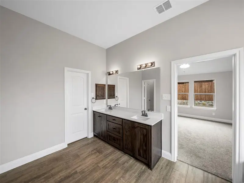 Bathroom featuring visible vents, baseboards, a sink, double vanity, and wood finished floors Bathroom featuring visible vents, baseboards, a sink, double vanity, and wood finished floors