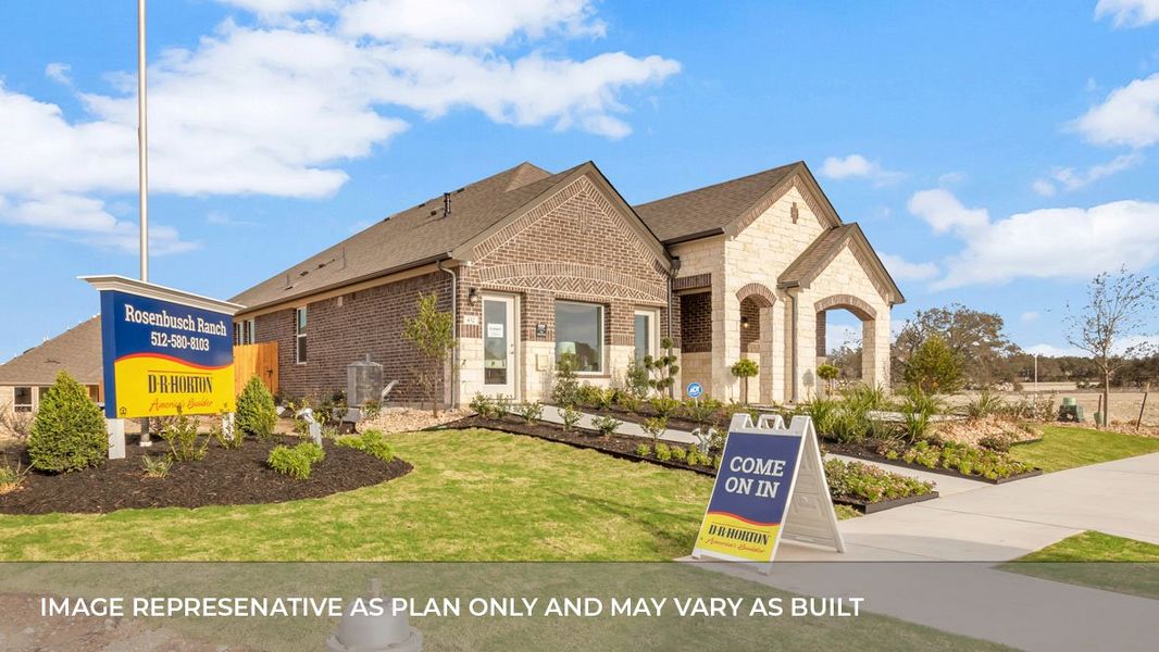 Front exterior of a new home in Rosenbusch Ranch, Leander, TX, highlighting curb appeal (Image 23). Front exterior of a new home in Rosenbusch Ranch, Leander, TX, highlighting curb appeal (Image 23).