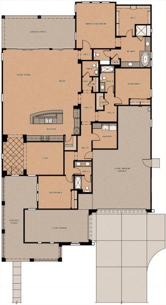 2D floor plan layout for the Monterey Pine by Fulton Homes in Fields at Barney Farms, Queen Creek, AZ (Image 3).