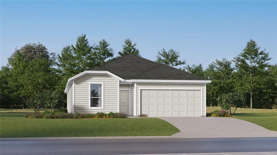 View of front of house with a front yard, concrete driveway, roof with shingles, and a garage View of front of house with a front yard, concrete driveway, roof with shingles, and a garage
