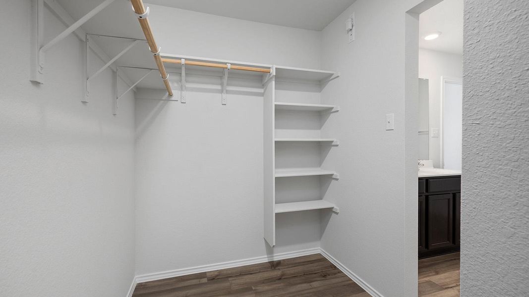 Walk in closet with dark wood-style floors