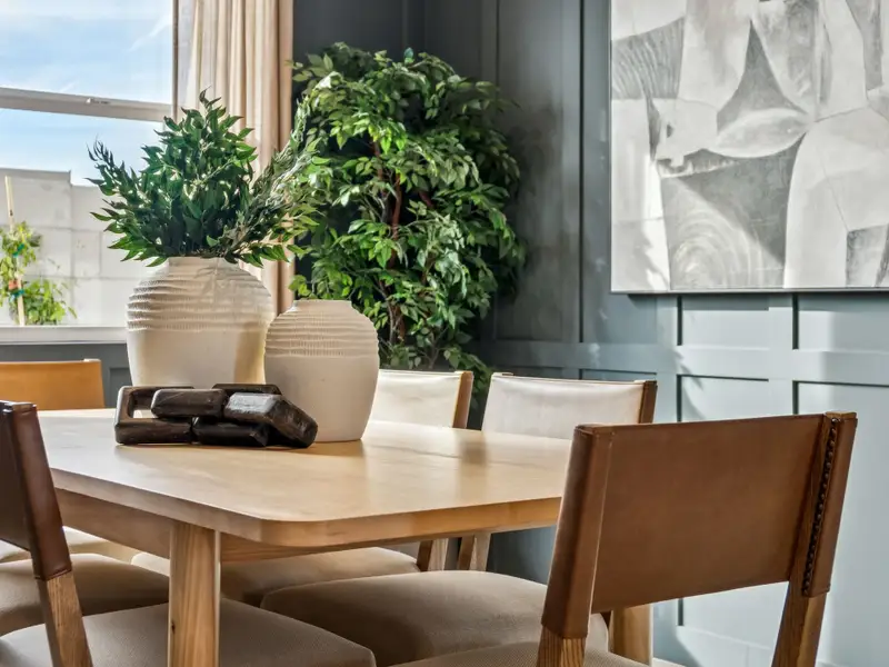 A table with chairs and a plant on it.