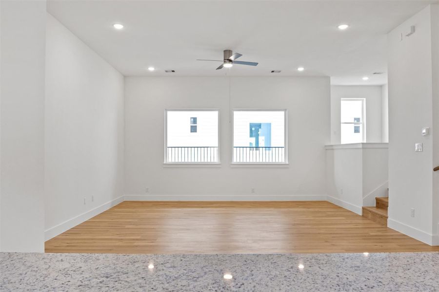 View from the open kitchen into the vast living area!