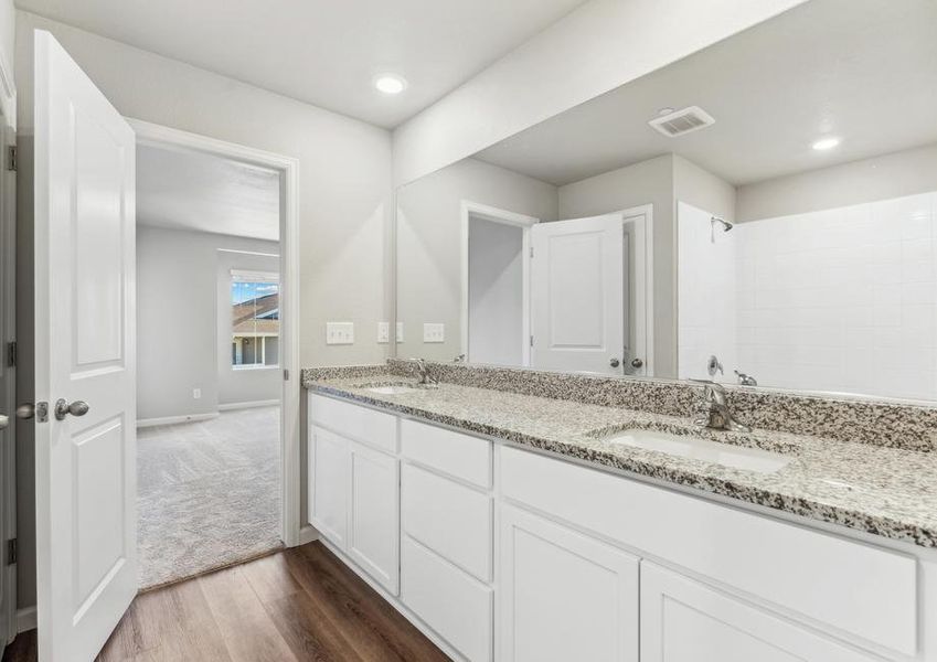 The master bathroom has a duel sink vanity and a tub/shower combo.