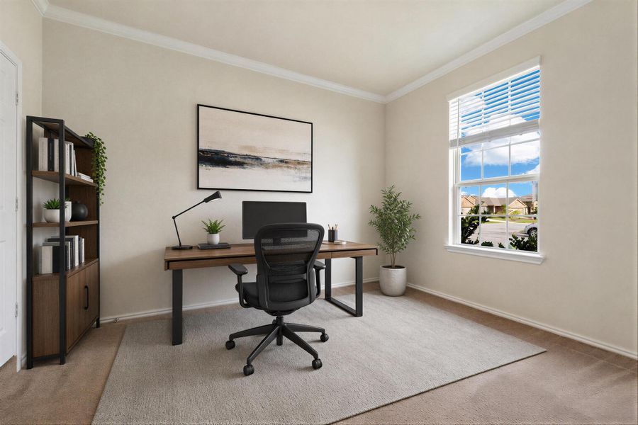 A dedicated home office space with ample natural light offers a tranquil work environment. Virtually Staged A dedicated home office space with ample natural light offers a tranquil work environment. Virtually Staged