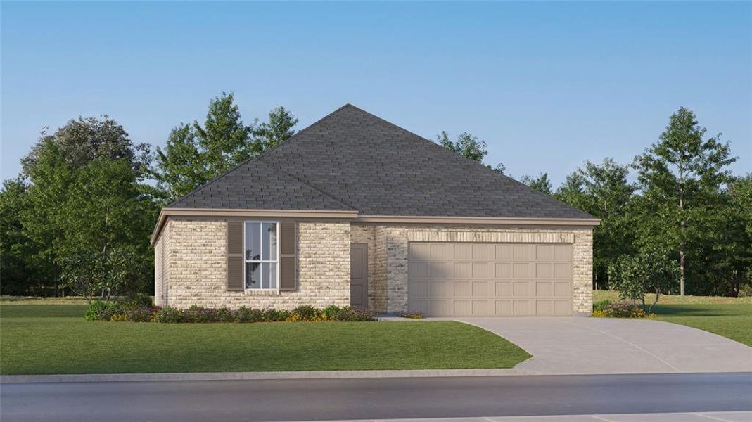 View of front of house with a front yard and a garage