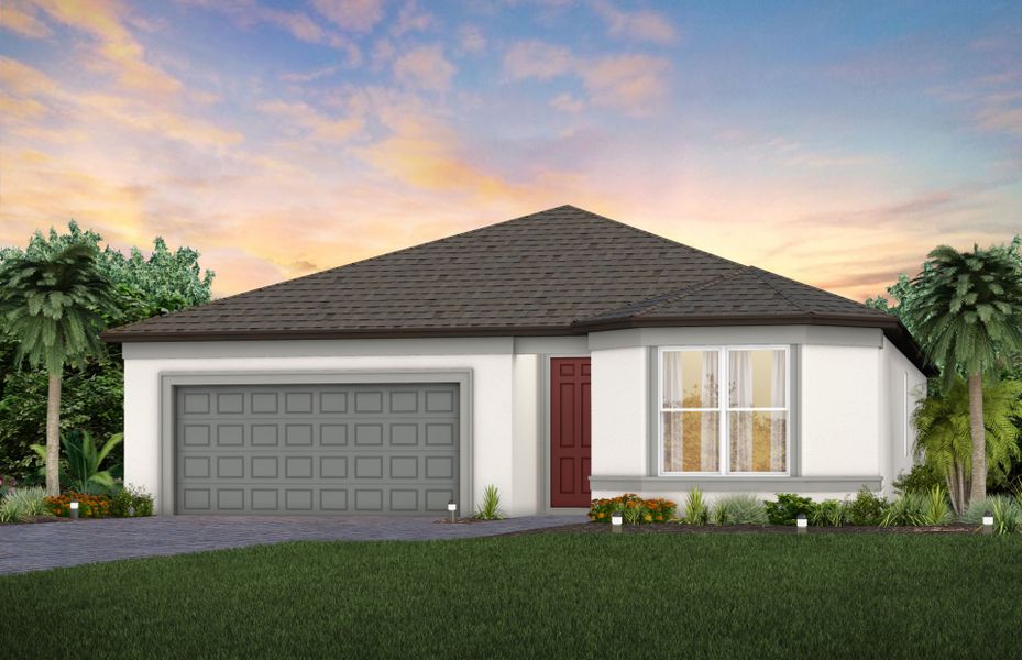 Front exterior of a new home in Del Webb Sunchase, Parrish, FL, highlighting curb appeal (Image 1). Front exterior of a new home in Del Webb Sunchase, Parrish, FL, highlighting curb appeal (Image 1).