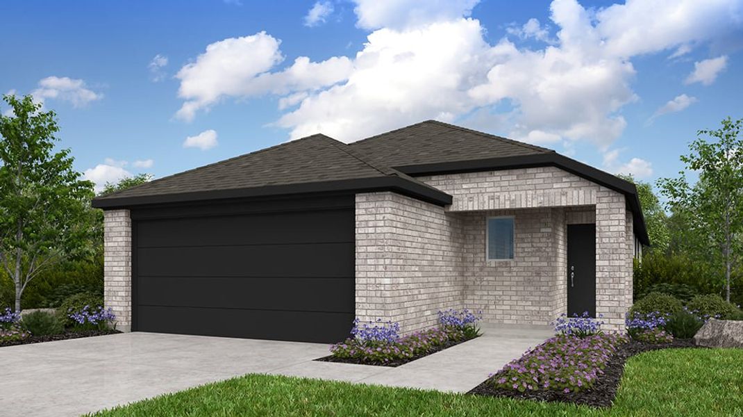 Front exterior of a new home in Sunfield, Buda, TX, highlighting curb appeal (Image 1). Front exterior of a new home in Sunfield, Buda, TX, highlighting curb appeal (Image 1).