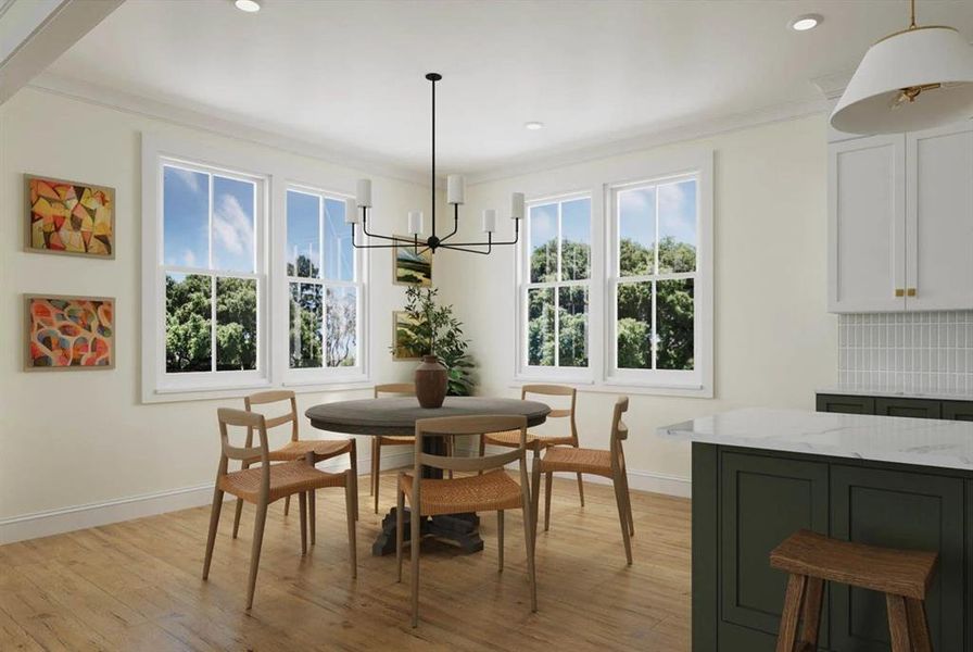 Dining room featuring light wood-style floors, crown molding, a chandelier, and recessed lighting