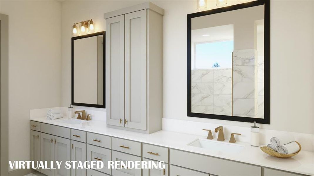 No shortage of space or style in this beautiful new owner's bath!  VIRTUALLY STAGED RENDERING